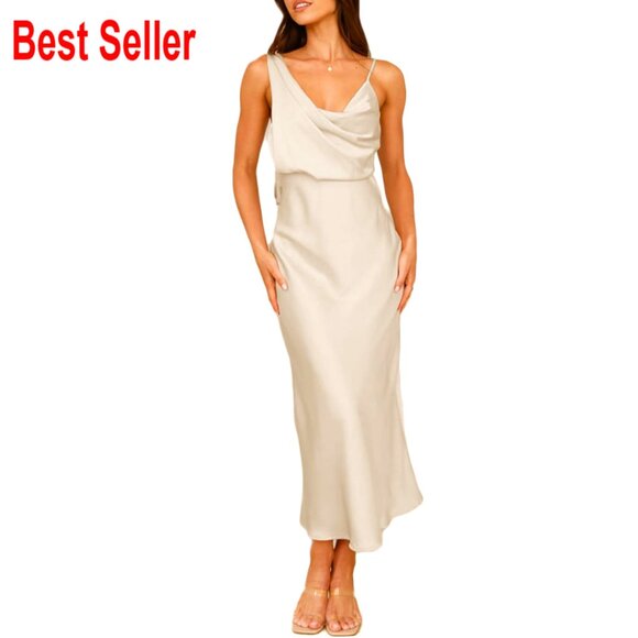 Satin Cowl Neck Midi Dress Spaghetti Strap Backless Formal Wedding Guest